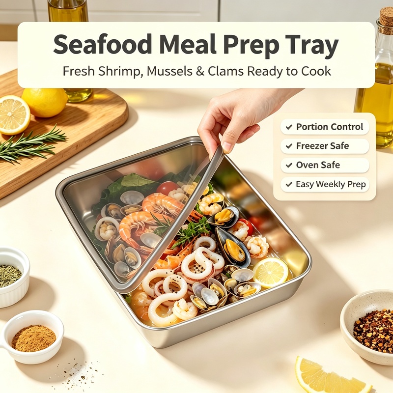 ถาดสแตนเลสทรงสี่เหลี่ยมพร้อมฝา - Meal Prep Seafood บทวิจารณ์และราคา